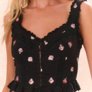 LoveShack Fancy Galette Floral Embroidered Peplum Top – Black